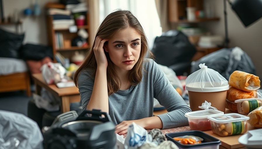 Woman surrounded by clutter, highlighting mental health and tidy space.
