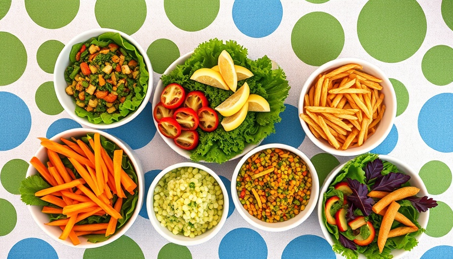 Three vegetarian bowls on geometric background for best vegetarian meal delivery services.