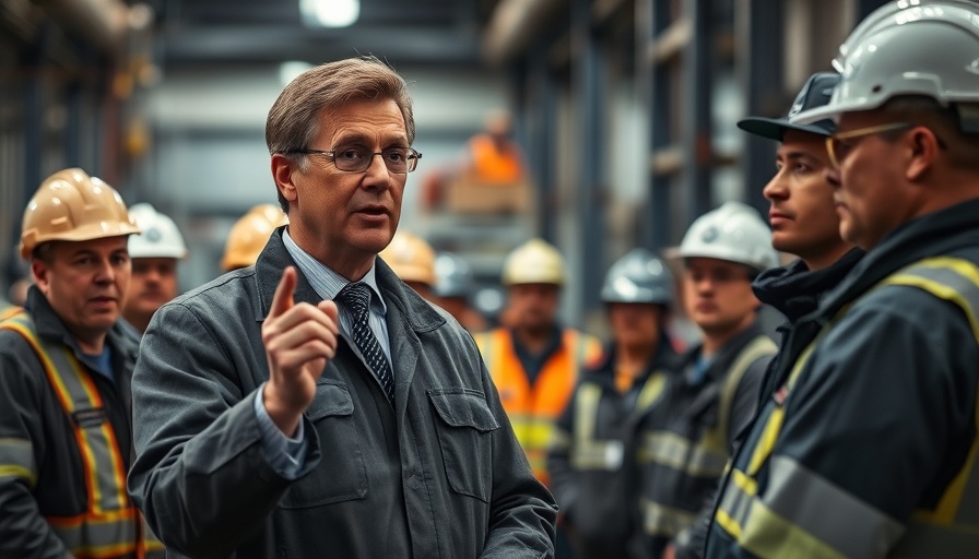 Confident speaker delivering speech in industrial setting, breaking national news.
