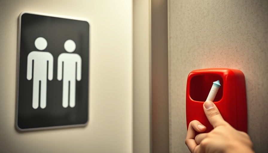 Men's bathroom sign and menstrual product dispenser, illustrating availability of menstrual products in men's bathrooms.