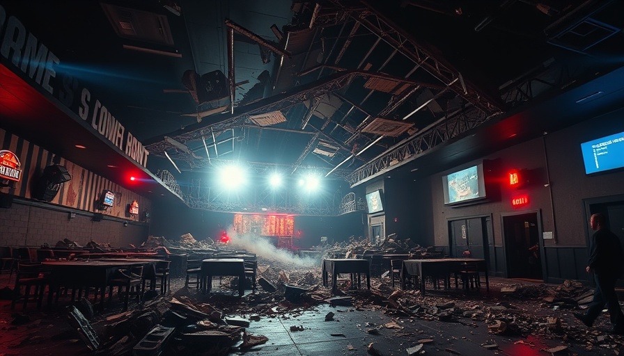 Nightclub roof collapse aftermath with scattered debris.