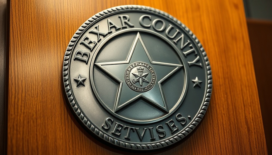 Bexar County seal in courtroom setting, detailed and realistic.