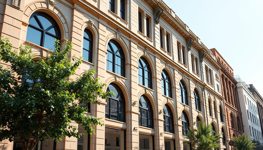Elegant business facade in Houston with arched windows and foliage.