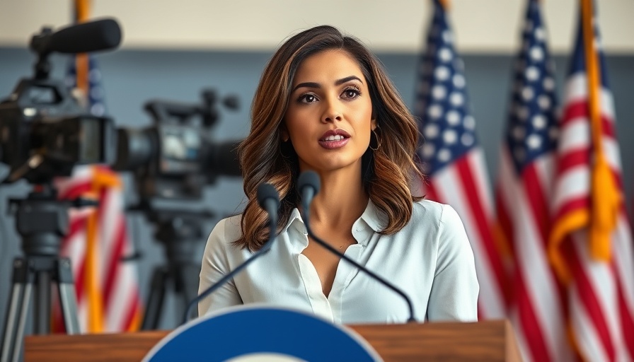 Young woman speaks at podium with American flag backdrop, emphasizing press freedom.