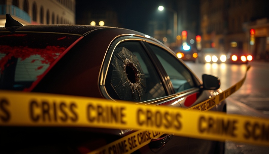 Crime scene with car, bullet hole, and tape highlighting domestic and gun violence.