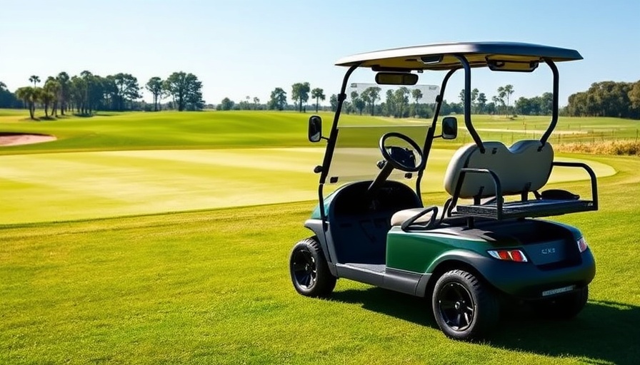 Sleek electric golf cart on a Plano golf course, vibrant setting.