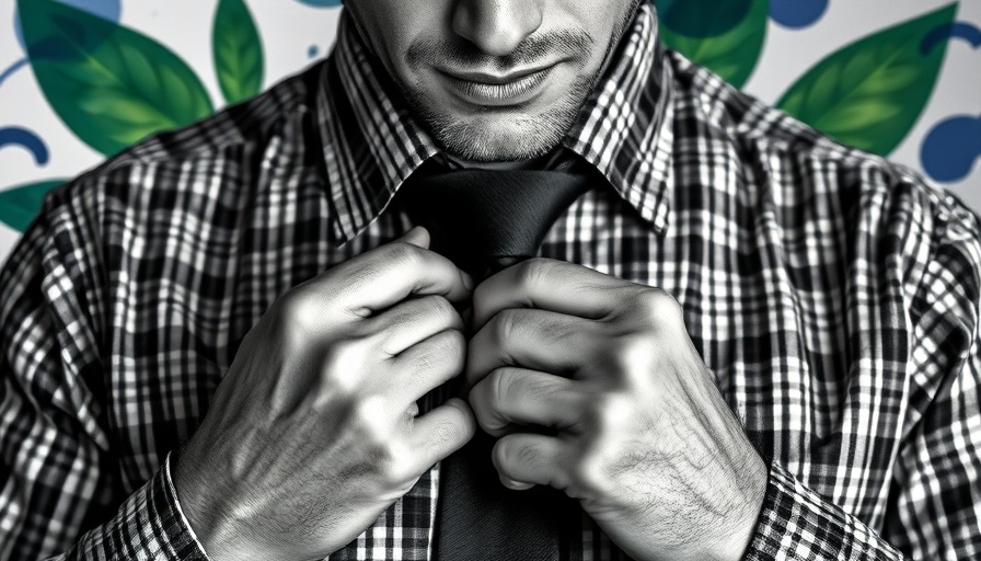Man adjusting tie, abstract background, hygiene discussion.