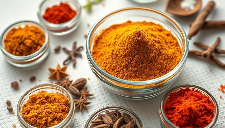 Homemade curry powder benefits shown through various spices in glass bowls.