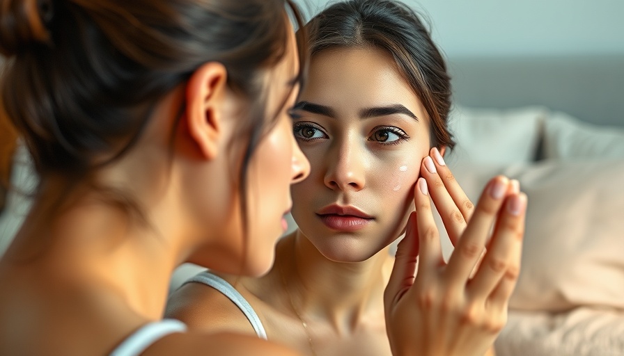 Young woman checking her skin in a mirror, cortisol impact.