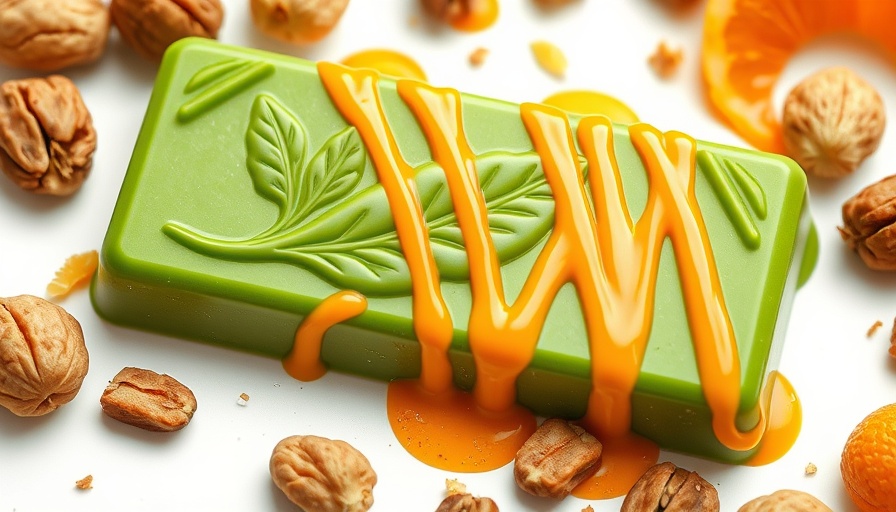 Dubai chocolate trend in Houston illustrated by a luxurious green chocolate bar with orange drizzle.