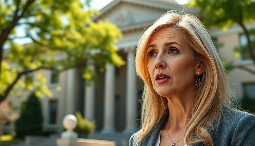 Blonde woman discusses legal topics outside government building amid greenery.
