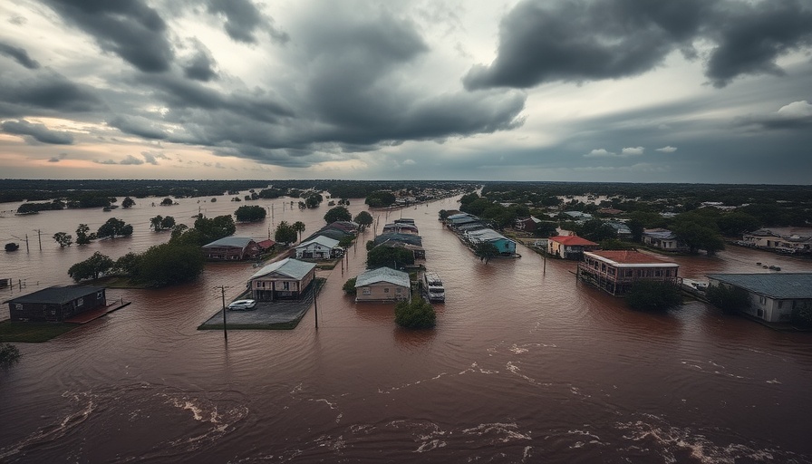 Flooded Southern town with swollen rivers and overcast sky.