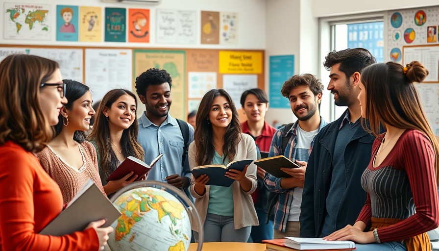 Group of students discussing global education opportunities in a classroom.