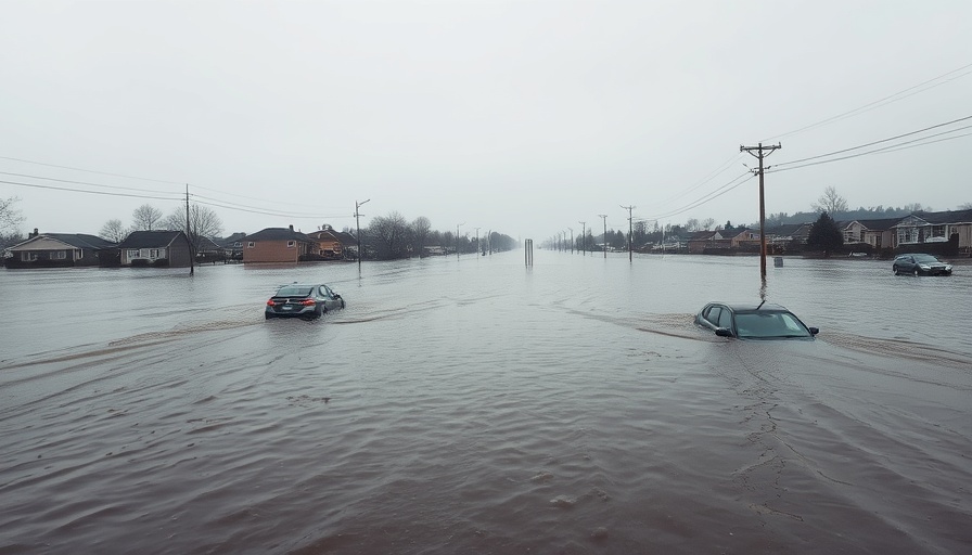 Flooding in Southern US suburban street with submerged cars and river.
