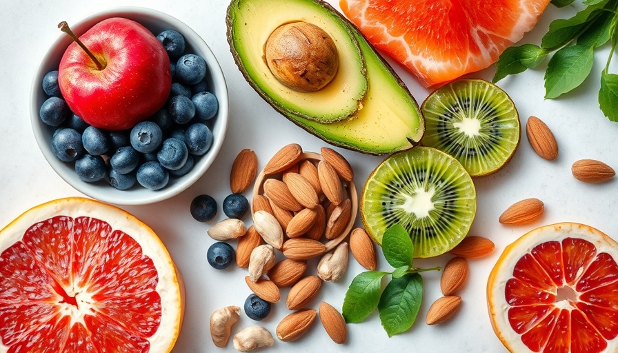 Vibrant fertility diet foods including salmon and fruits.