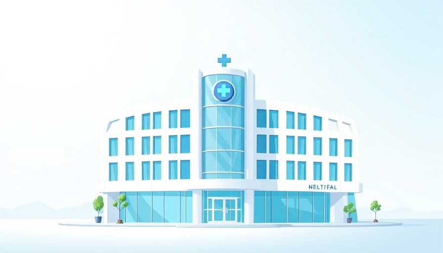 Illustration of Northwell Nuvance merger healthcare building, geometric design