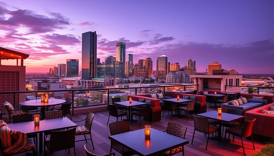 Dallas rooftop patios at night with skyline view.