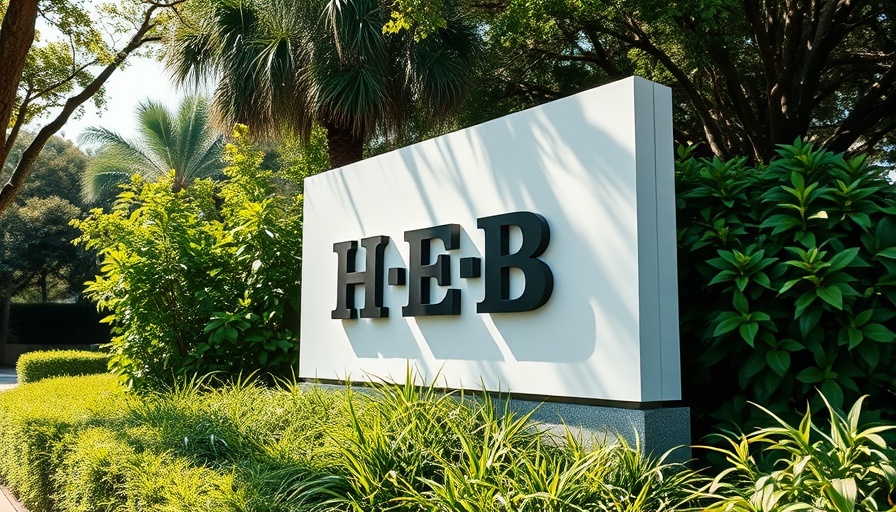 H-E-B corporate offices sign with greenery in background