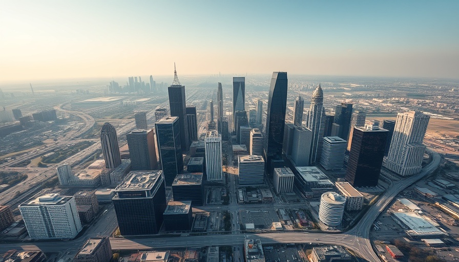 Houston aerial view with skyscrapers, roads, and hazy sky.