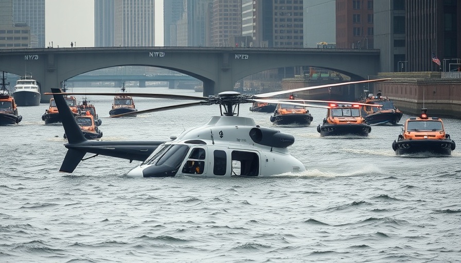 Helicopter crash Hudson River scene with rescue boats.