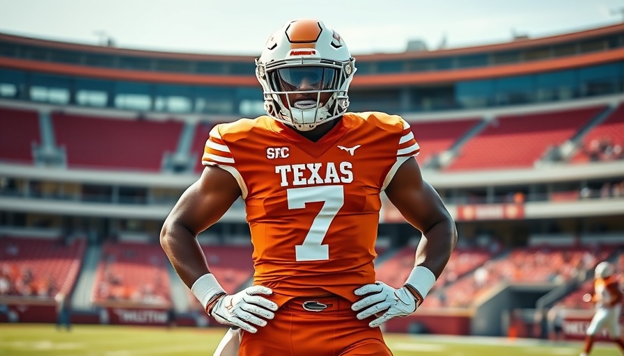 Football player in Texas uniform stands confidently on the field.