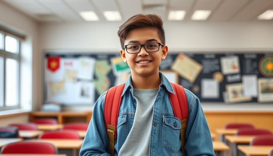 Student stands confidently in a college-themed classroom, representing acceptance to all Ivy League schools.