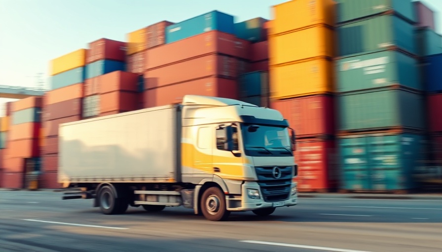 Truck driving past colorful shipping containers in an industrial area
