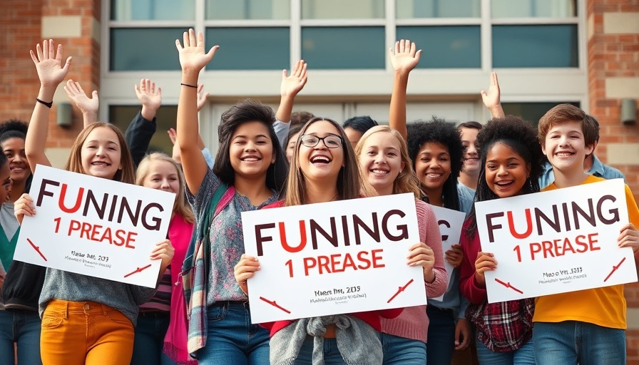 Lewisville ISD students celebrating state funding increase outside school.
