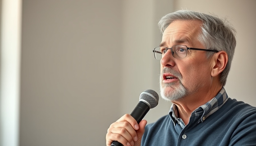 Middle-aged man discussing double chin management with microphone.