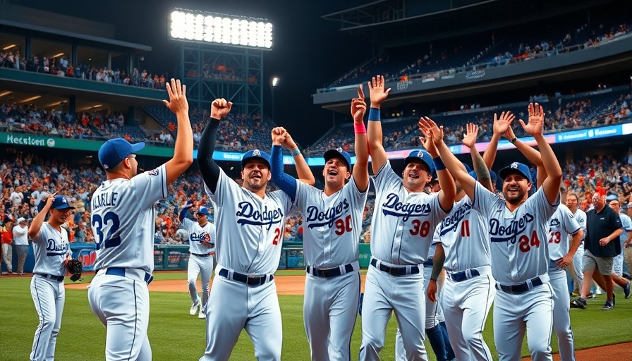 Dodgers players celebrate win against Cubs at home, vibrant scene.