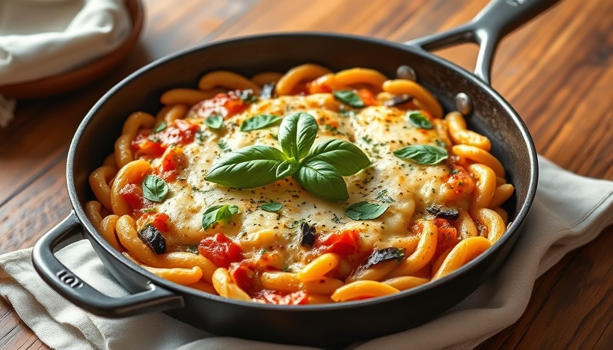 Skillet Cannellini Bean Eggplant Parmesan in a pan with basil.