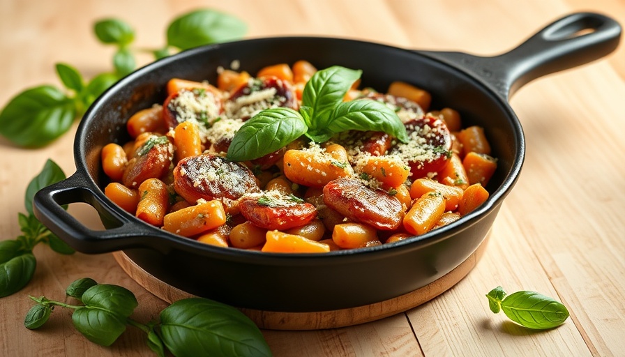 Skillet Cannellini bean eggplant Parmesan topped with basil.