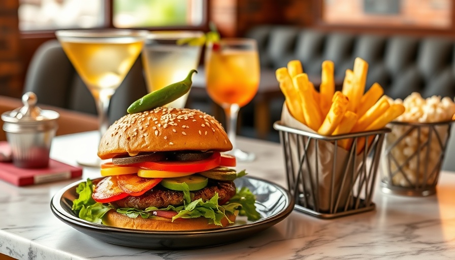 Gourmet burger and fries in elegant Houston dining setting.