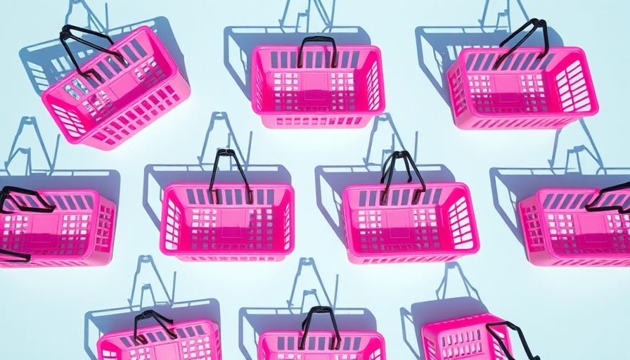 Colorful pink shopping baskets patterned on blue background.
