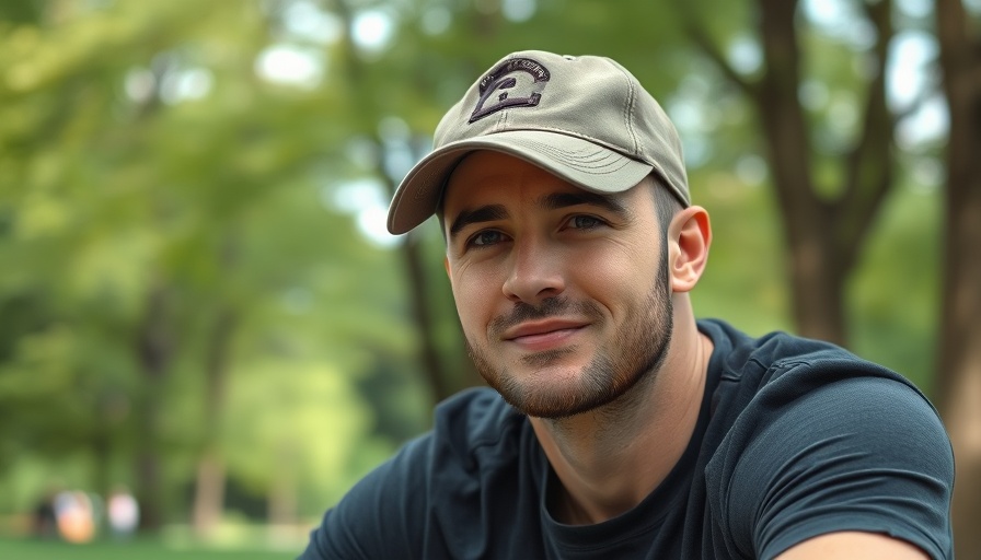 Casual man outdoors with cap in park setting.