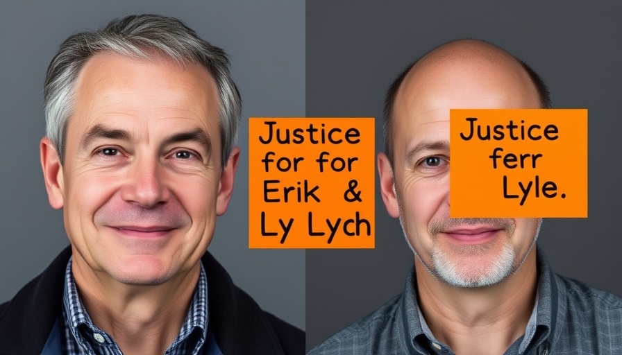 Two men with a 'Justice for Erik & Lyle' sign, resentencing news.