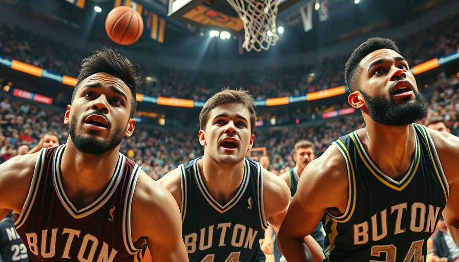 Basketball players in action during an intense game, vibrant arena.