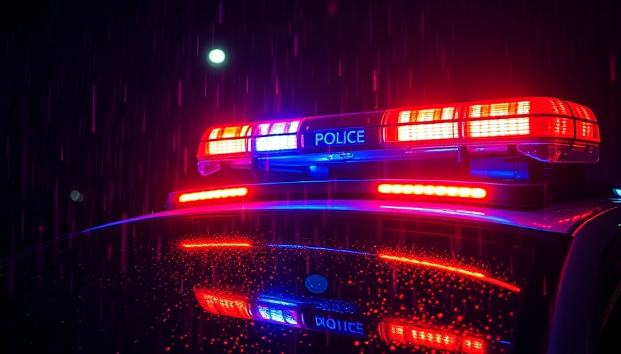 Vivid police lights in the rain during Bandera County crash.