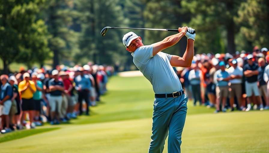 Golfer mid-swing at Masters Tournament 2023 with crowd
