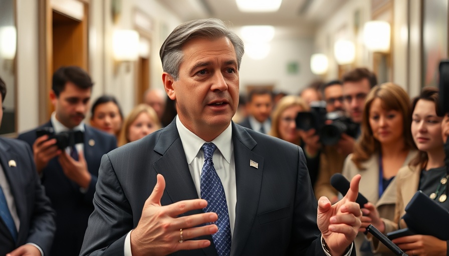 Politician addresses media on Medicaid cuts, surrounded by reporters.