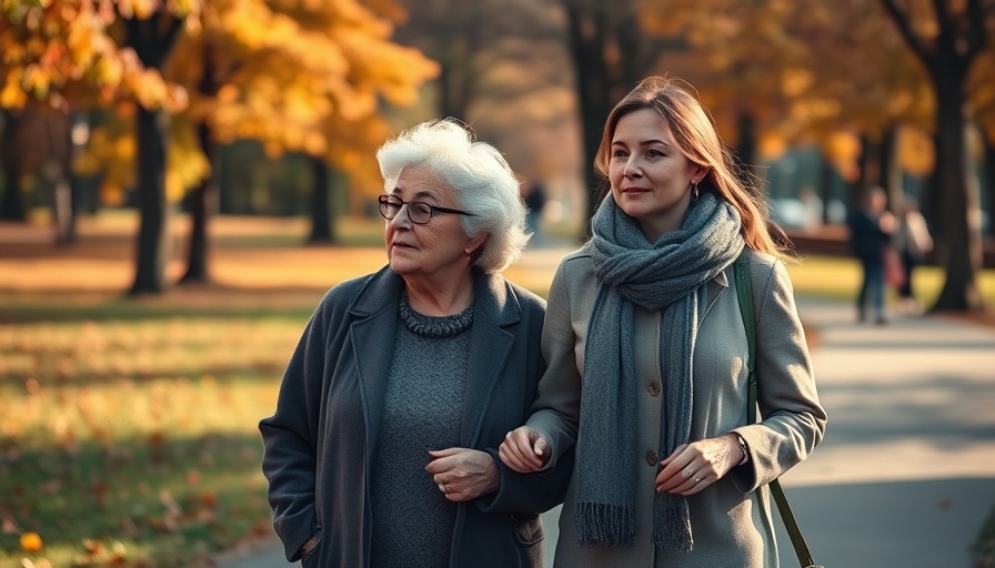 Older and younger women walking in park, autumn setting.