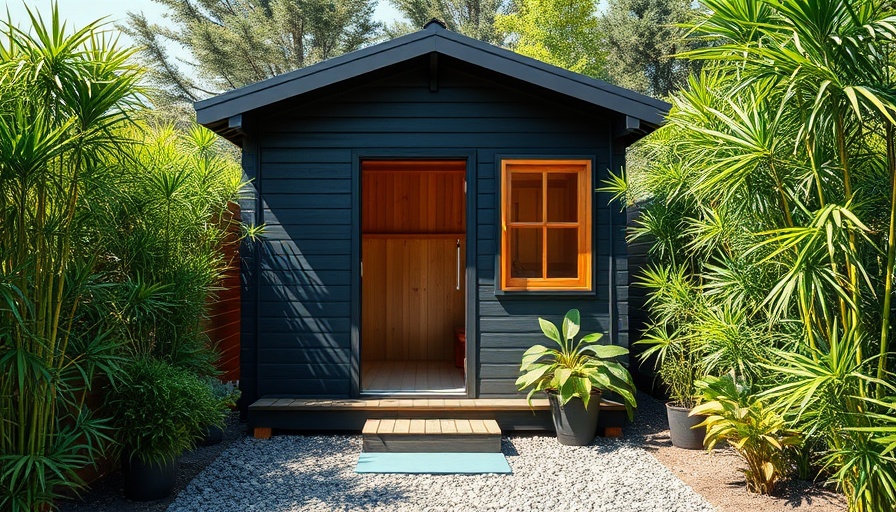 Backyard sauna building process with bamboo and greenery.