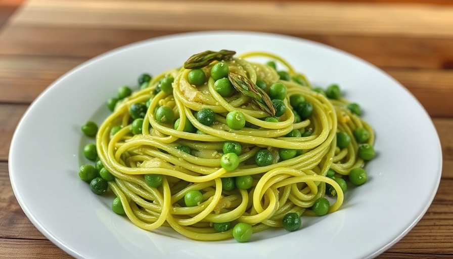 Spring pea and asparagus pasta on white plate.