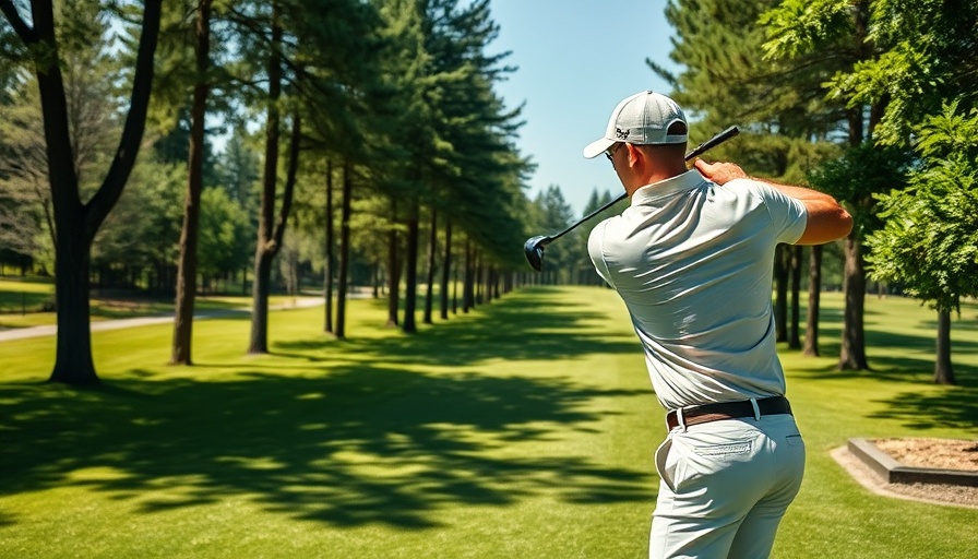 Golfer swinging at Masters Tournament on sunny golf course