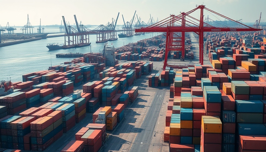 Busy port with cranes and colorful containers, trump breaking news today.