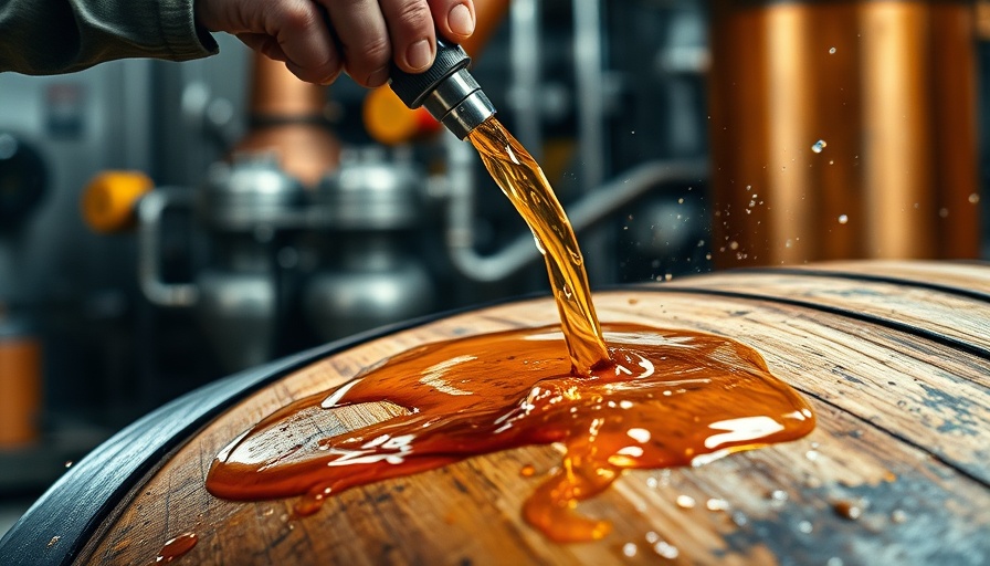 Close-up of whiskey barrel being filled in distillery process.