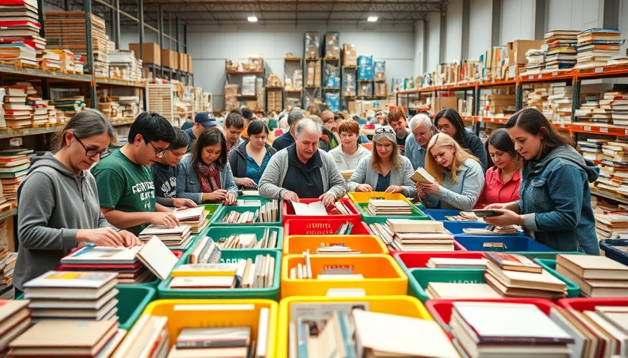 Volunteers sorting books for Turn The Page campaign for children's literacy.