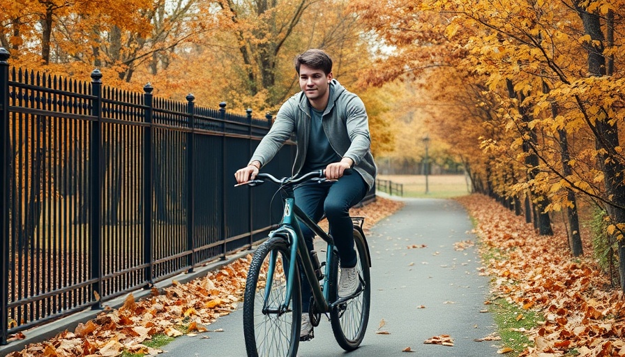 Casual cyclist on autumn path next to fence.