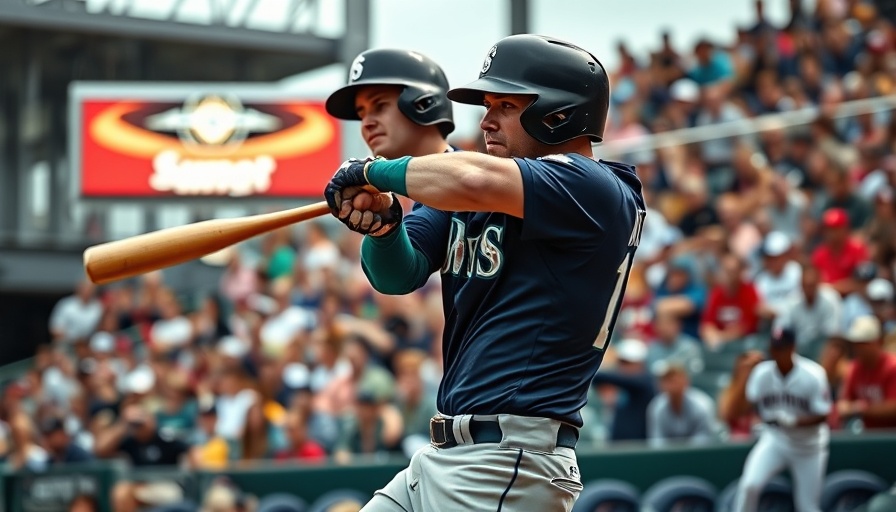 Seattle Mariners player swinging bat in action, vibrant and energetic.