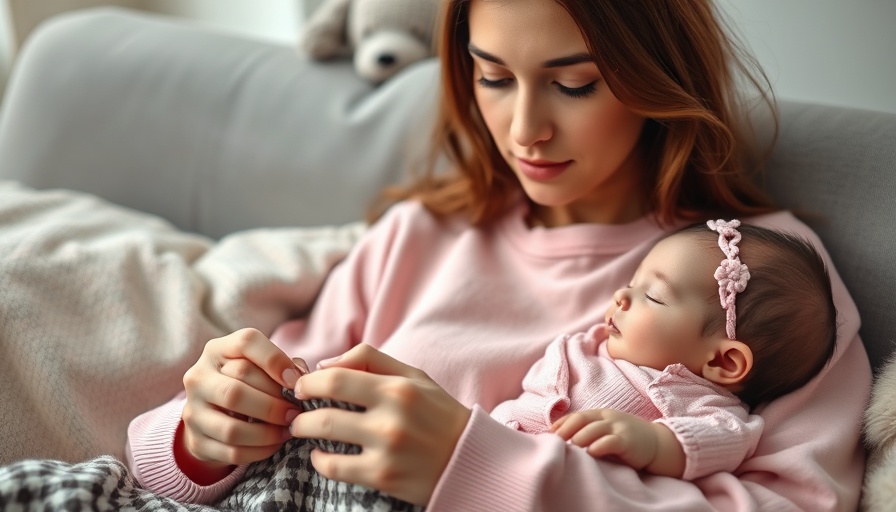 Woman knitting on a couch with baby, homegrown garments theme.